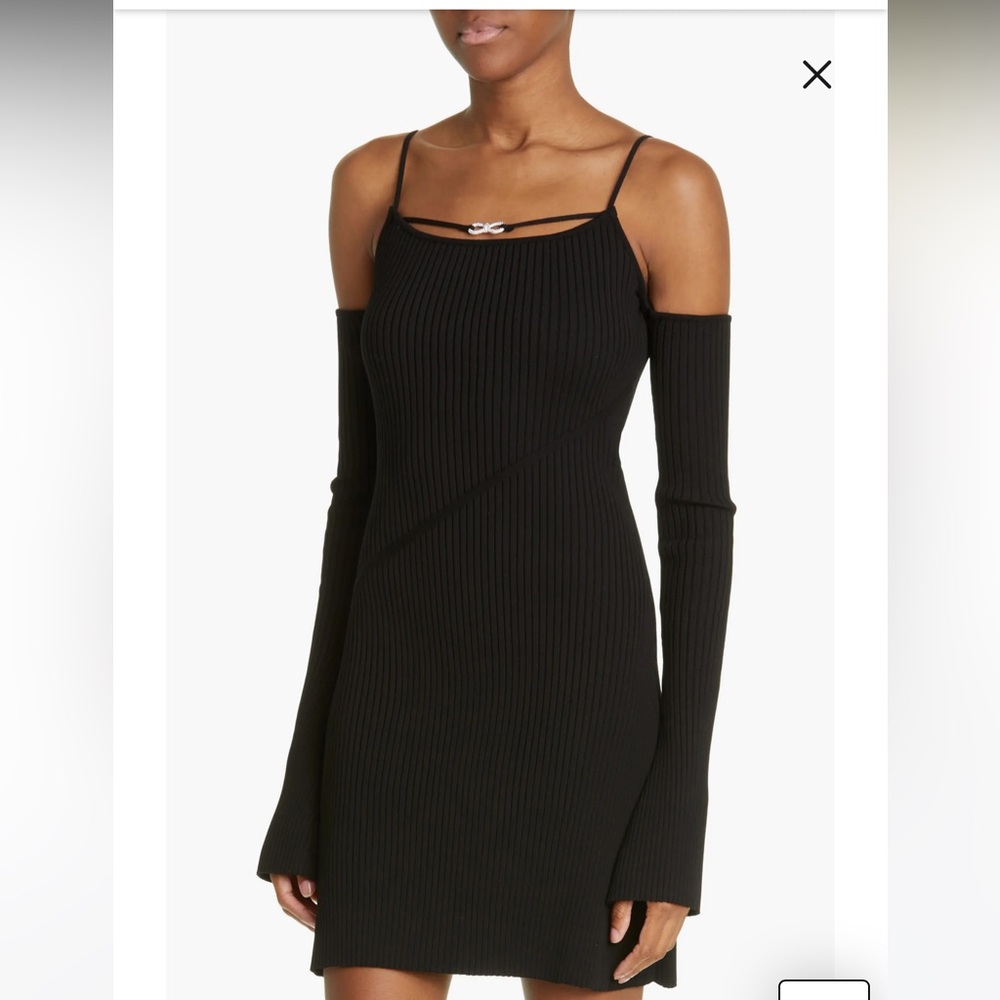 Mach & Mach Crystal Bow Ribbed Off Shoulder Long Sleeve Mini Sweater Dress - Picture 3 of 12